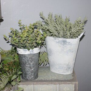 Shabby French Country Farmhouse Distressed White Metal Buckets with Greenery
